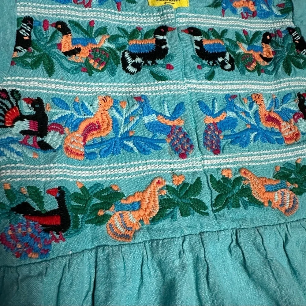 Roller Rabbit Teal Dress with Multicolor Embroidery